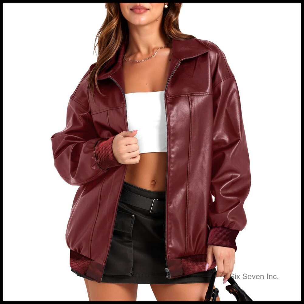 Oversized Faux Leather Bomber Jacket Moto Style Y2K Trendy Winter Coat